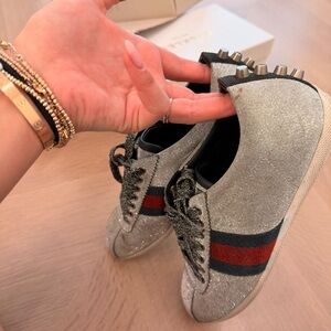 Gucci Silver Glitter Sneakers with Red and Black Stripes